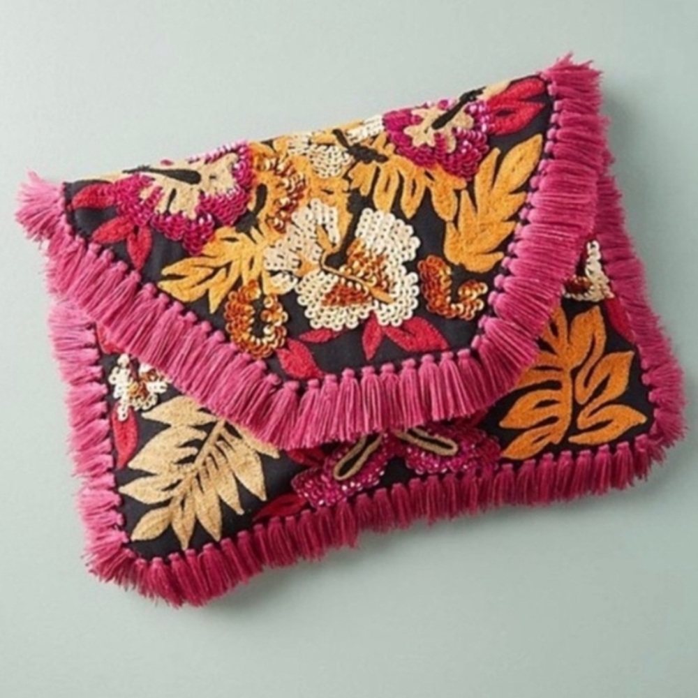 Anthropologie Bright Tropics Fringe Clutch Bag